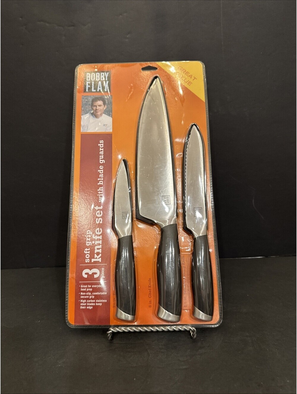 Bobby Flay 3 Piece Soft Grip Knife Set W Blade Guards Pairing, Chef & Serrated